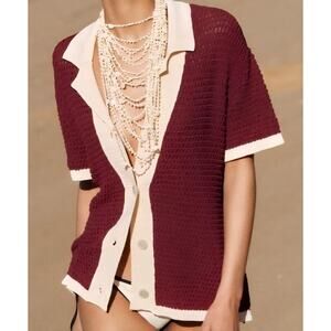ZARA Crochet Knit Cardigan Top Large Burgundy Cream Open Knit Retro Resortwear.
